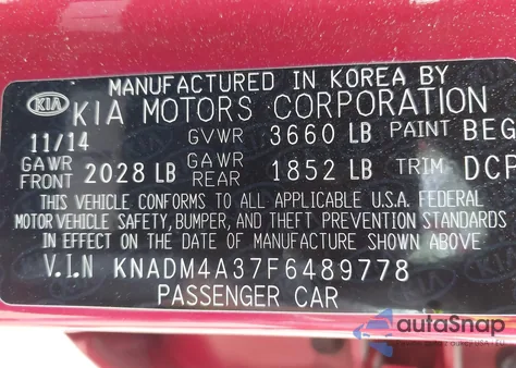 2015 Kia Rio Lx из США, поврежденный, VIN KNADM4A37F6489778